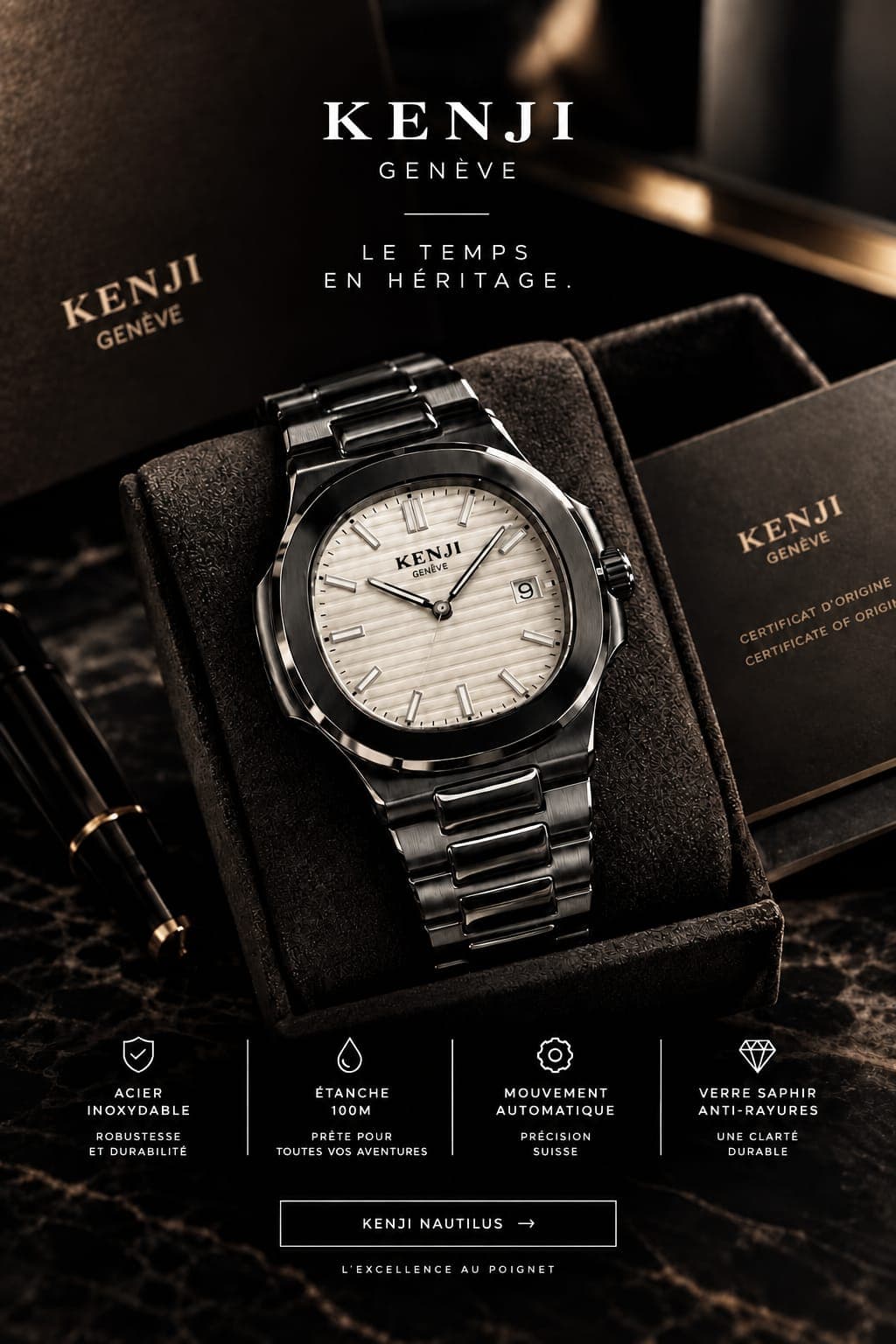 KENJI Nautilus Genève, cadran ivoire cannelé et bracelet acier intégré, dans son écrin