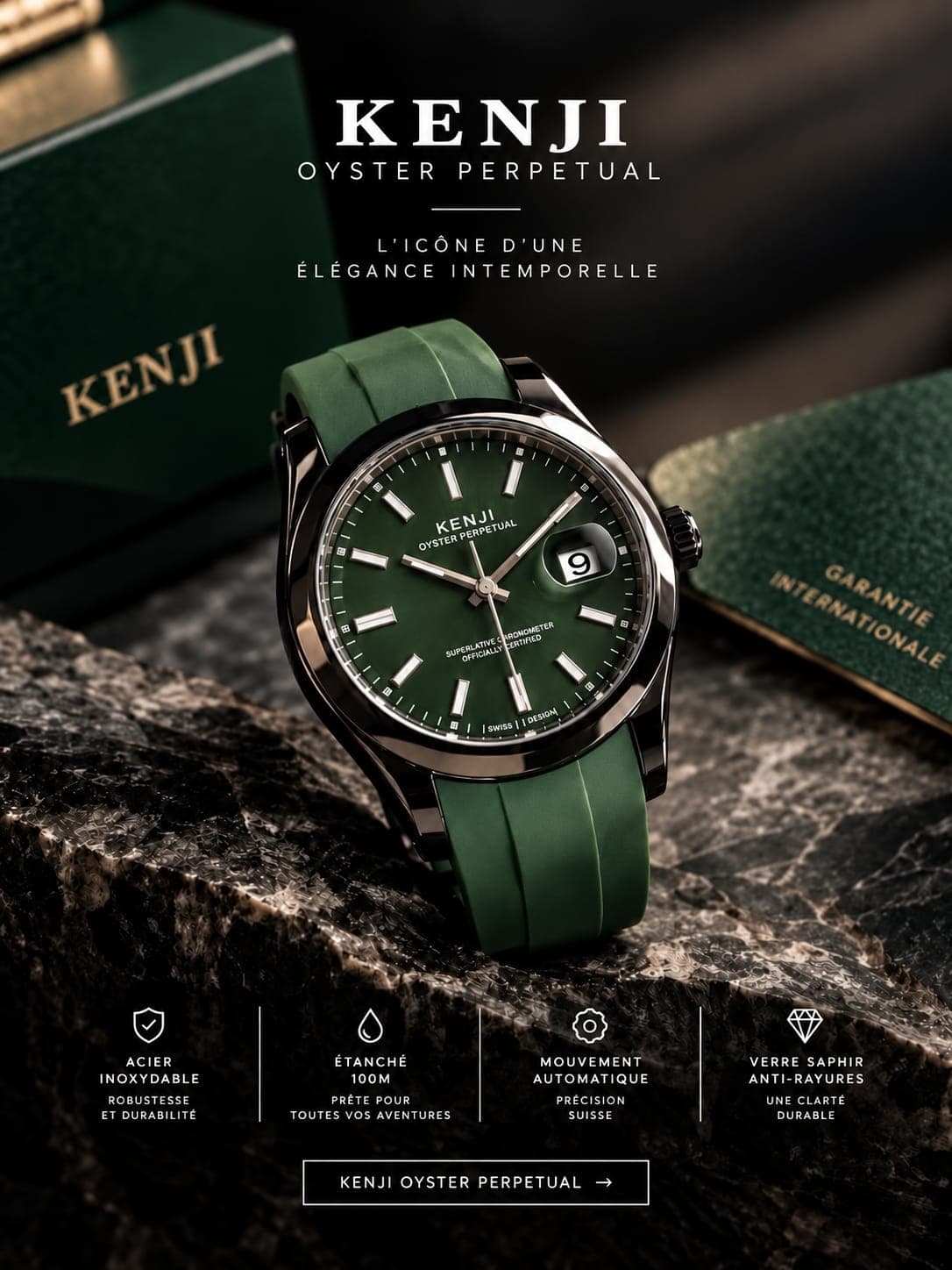 KENJI Oyster Perpetual, cadran vert et bracelet caoutchouc vert, posée sur une pierre sombre