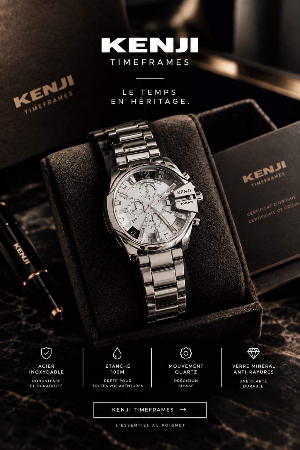 KENJI Timeframes, chronographe acier à cadran argenté, présentée dans son écrin